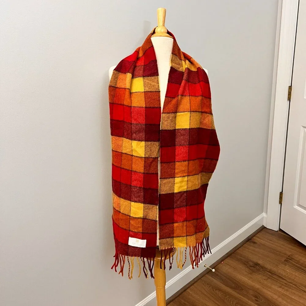 Calzeat of Scotland Border Lambswool Scarf Red Yellow Color Block Plaid
